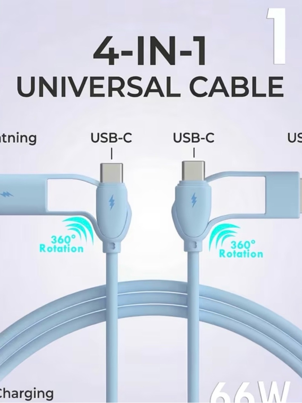 Universal 4-in-1 66W Rotating USB-C/Lightning Charging Cable - Light Blue
